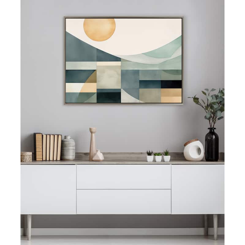 Kate and Laurel Sylvie Mid Century Modern Abstract Geometric Coastal Landscape Framed Canvas by The Creative Bunch Studio
