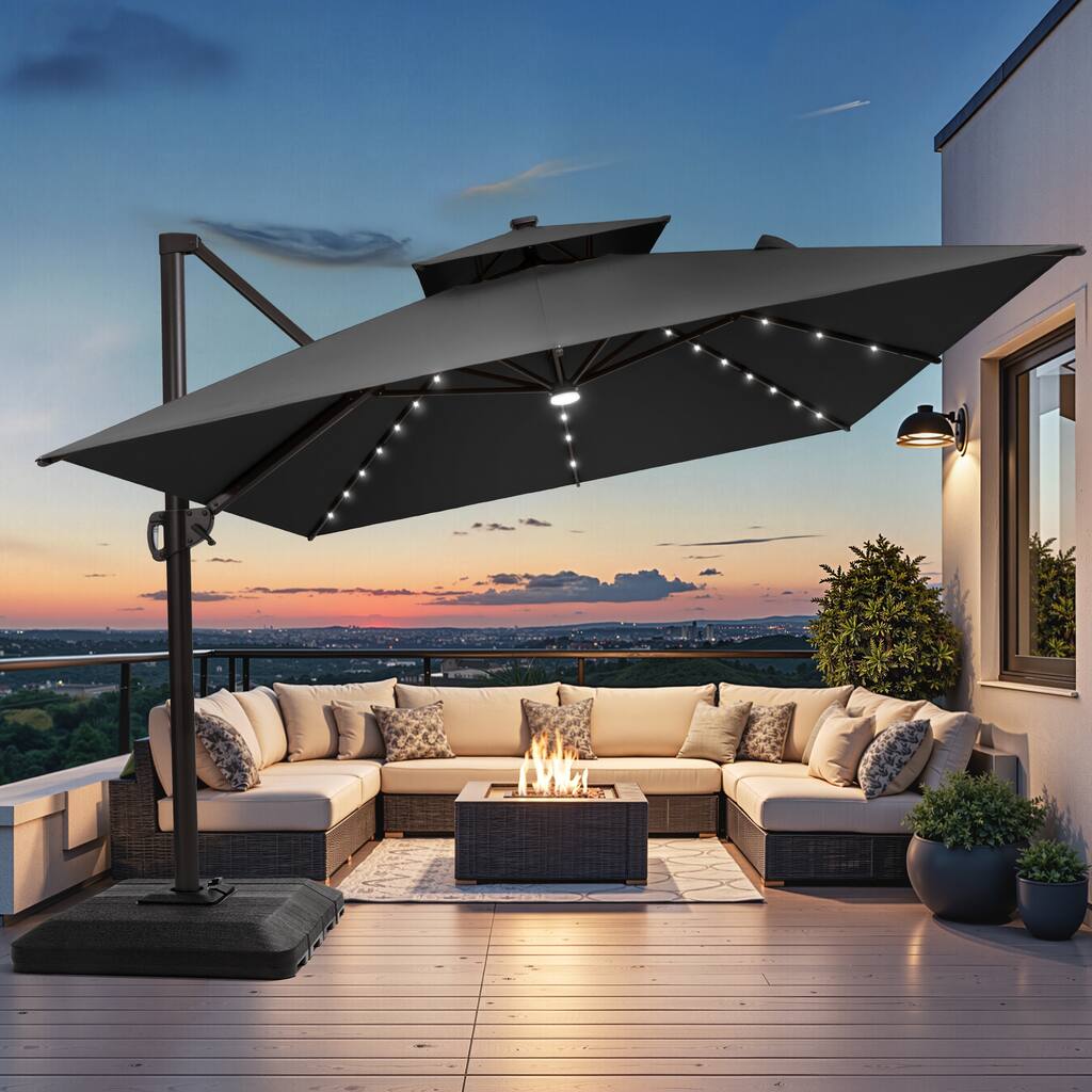 10 X 13 FT Outdoor Patio Cantilever Umbrella with Solar Lights 4-Piece Premium Base Double Canopy 360 Rotation Tilt