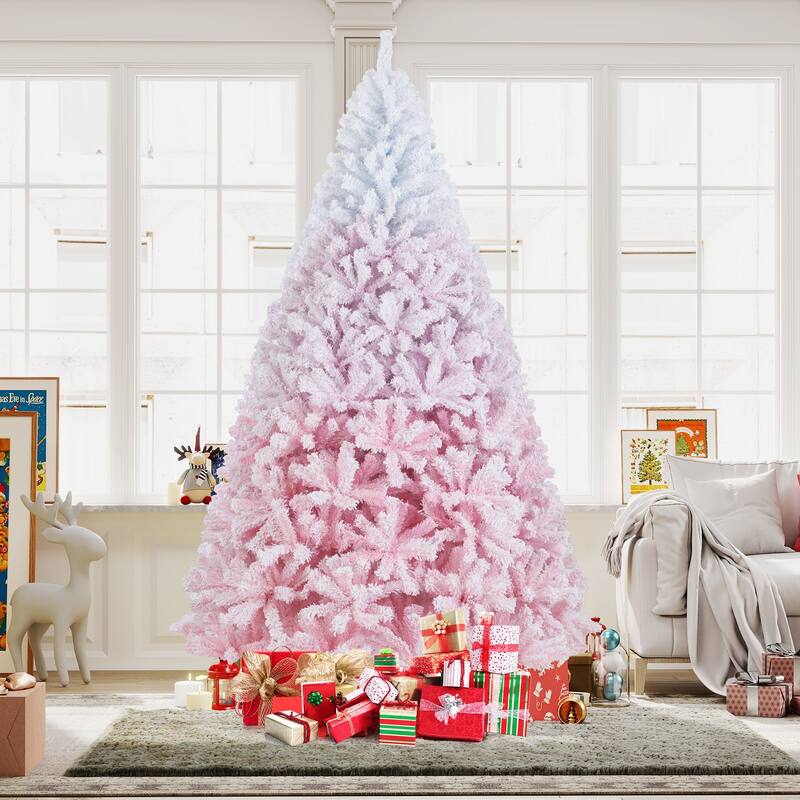 Gymax Artificial Christmas Tree Hinged Snow Flocked Xmas Tree w/ Lush - Pink, White