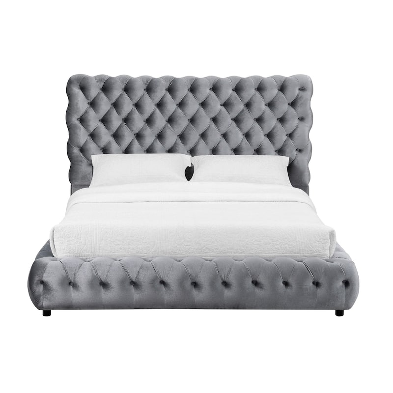Goy Queen Size Bed, Diamond Tufted Gray Velvet Upholstery, Low Profile