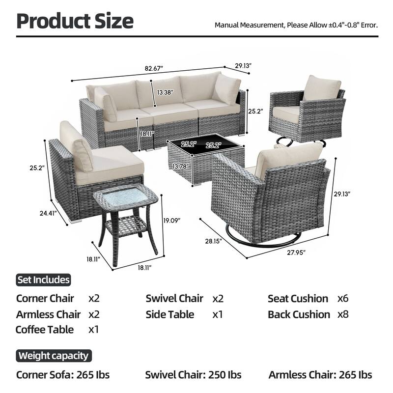 XIZZI 8-Piece Outdoor Patio Wicker Furniture Set with Swivel Chair