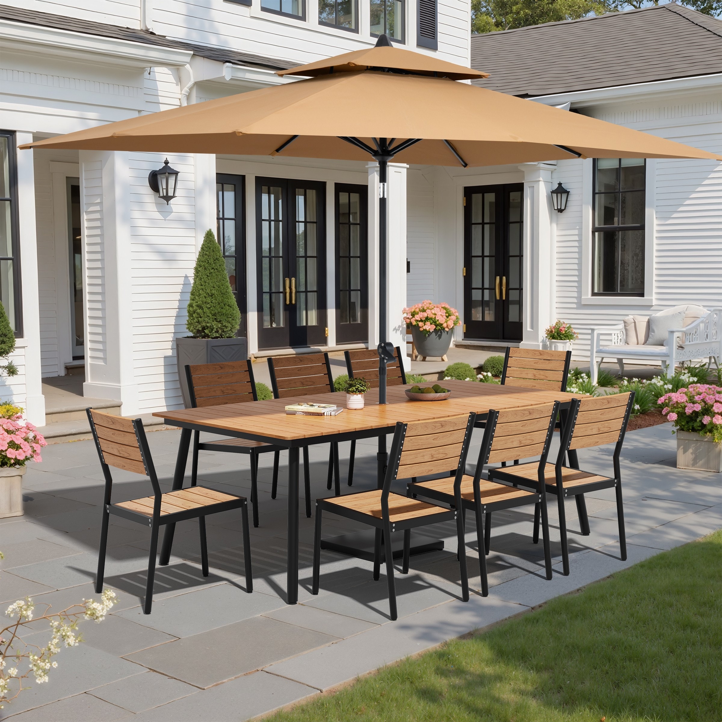 11-Piece Patio Dining Set Aluminum Table and 8 Stackable Chairs w/10 ft Umbrella and Base Stand