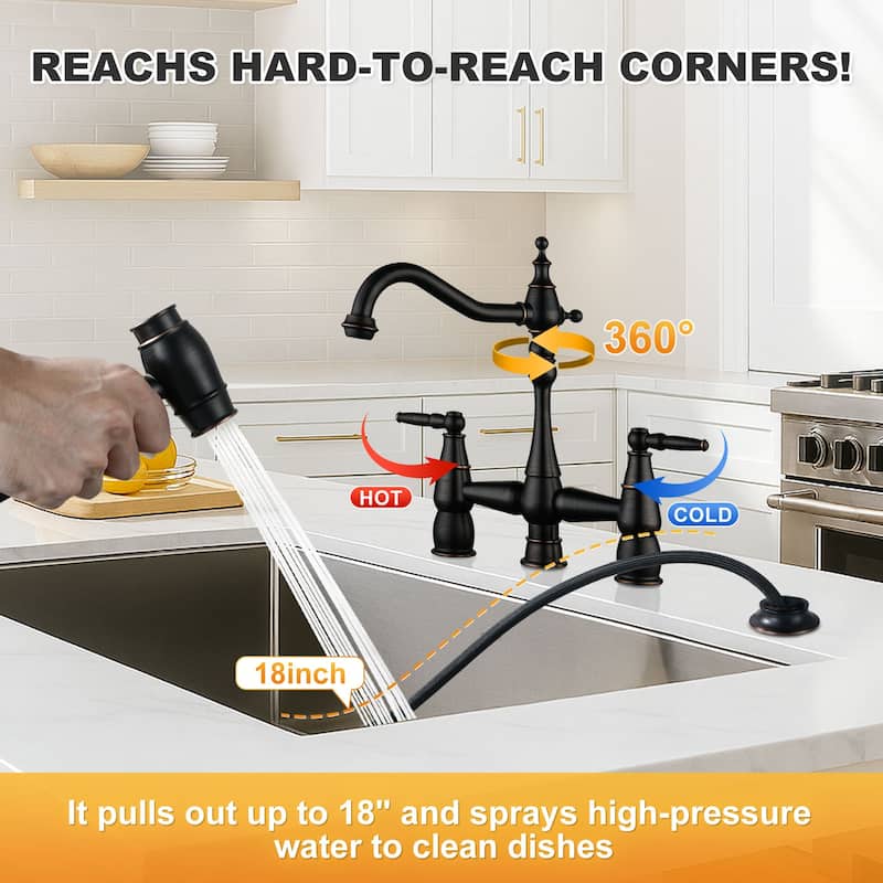 WOWOW 4 Hole Double Handle Bridge Kitchen Faucet with Side Sprayer