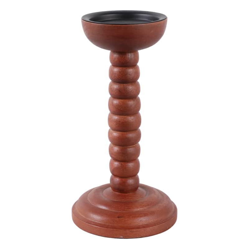 Wood Candle Holder Sculpted Round Base and Turned Detailing Accent