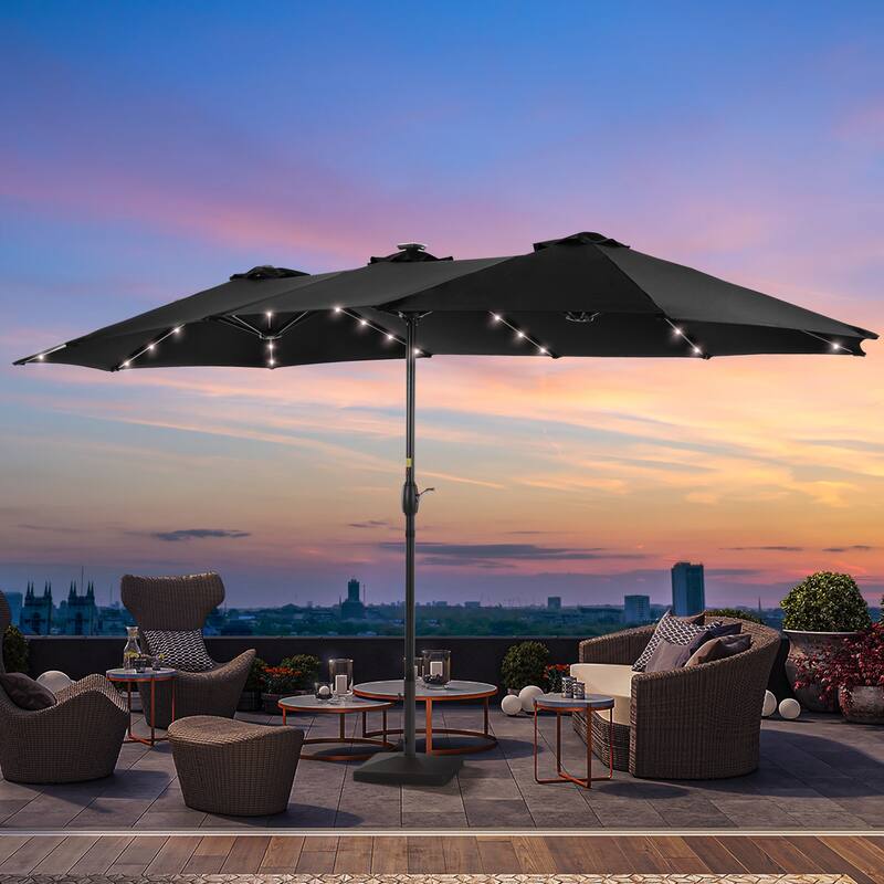 Livoosun 15×9FT LED Double-sided Patio Umbrella with BASE UPF50+ and Handle, and Wind-Resistant Design - Black