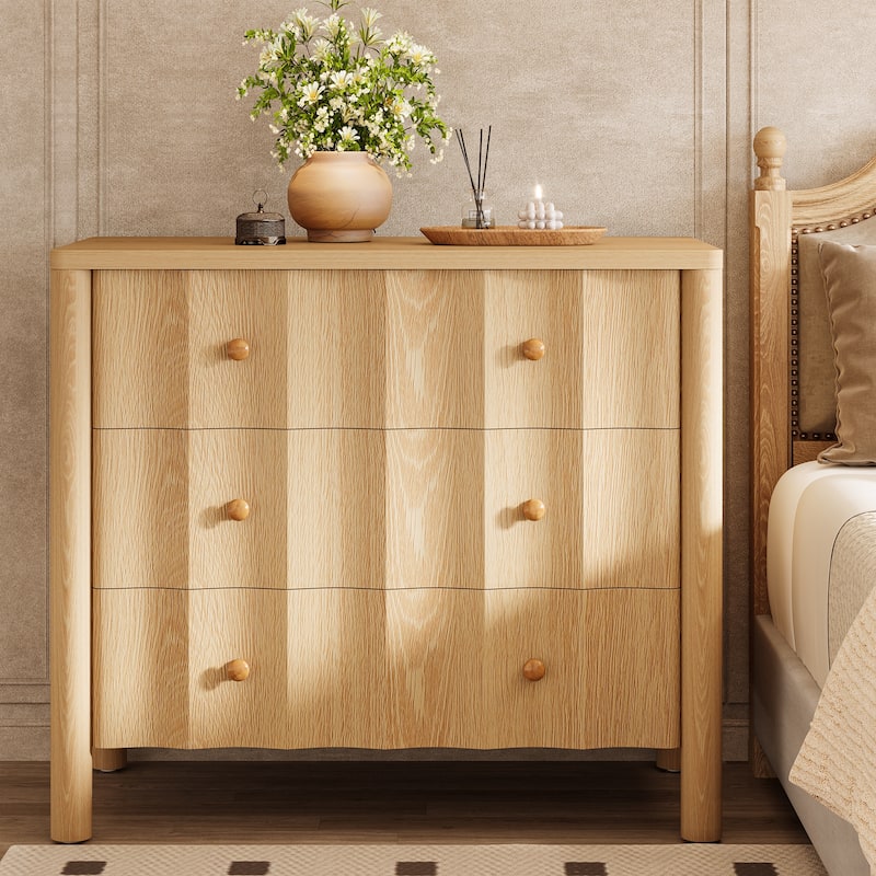 Wood Nightstand with 3 Drawers, Modern Large Night Stand - Oak - 3-drawer