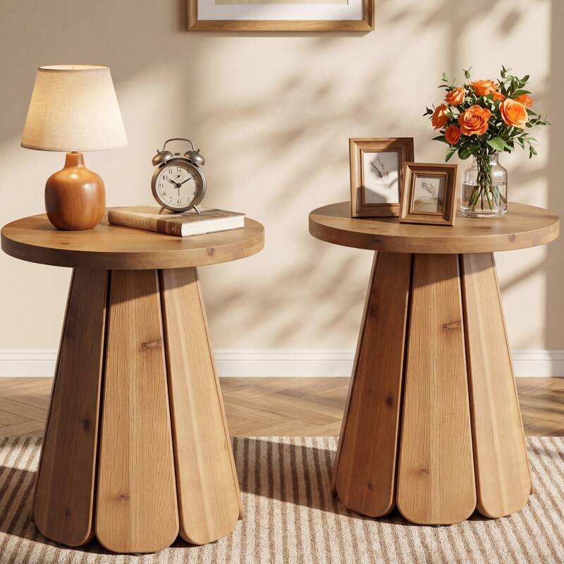 20 Inch Solid Wood End Table for Living Room, Round Side Table for Bedroom - 2-Pieces