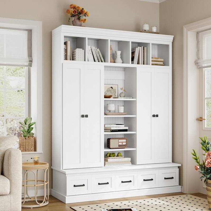 78.7'H Modern Entryway Hall Tree with Bench and Adjustable Shelves - White