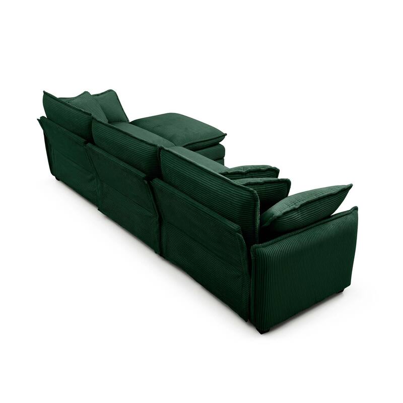 Green 4-piece Corduroy Upholstered L-Shaped Modular Sectional Sofa with Removable Ottoman, 5 Pillows, and Free Combination