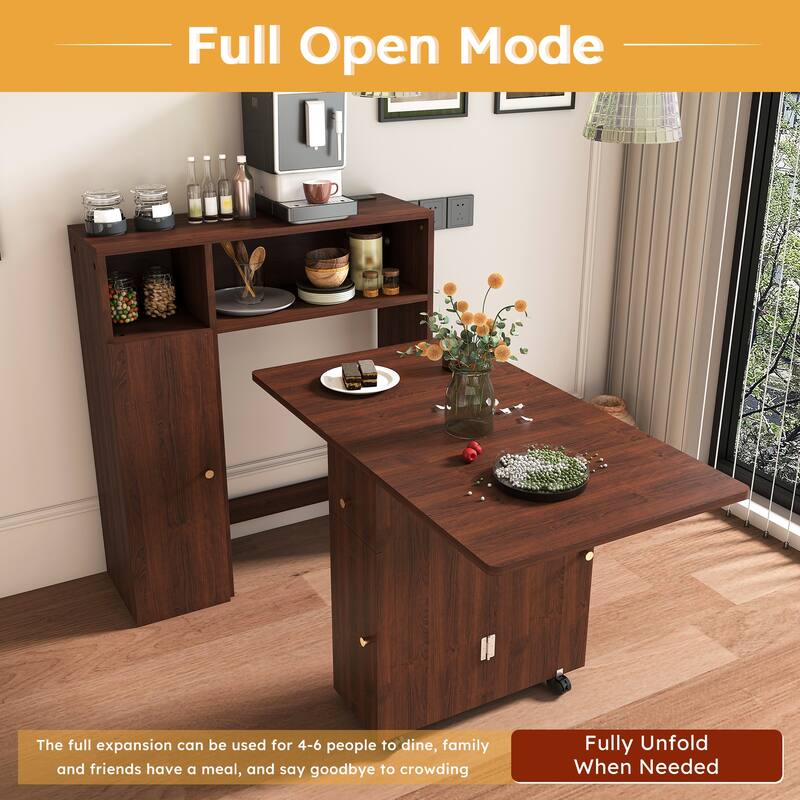 Folding Dining Table and Storage Sideboard with Charging Station， Multifunctional Space-Saving Kitchen Table with Wheels