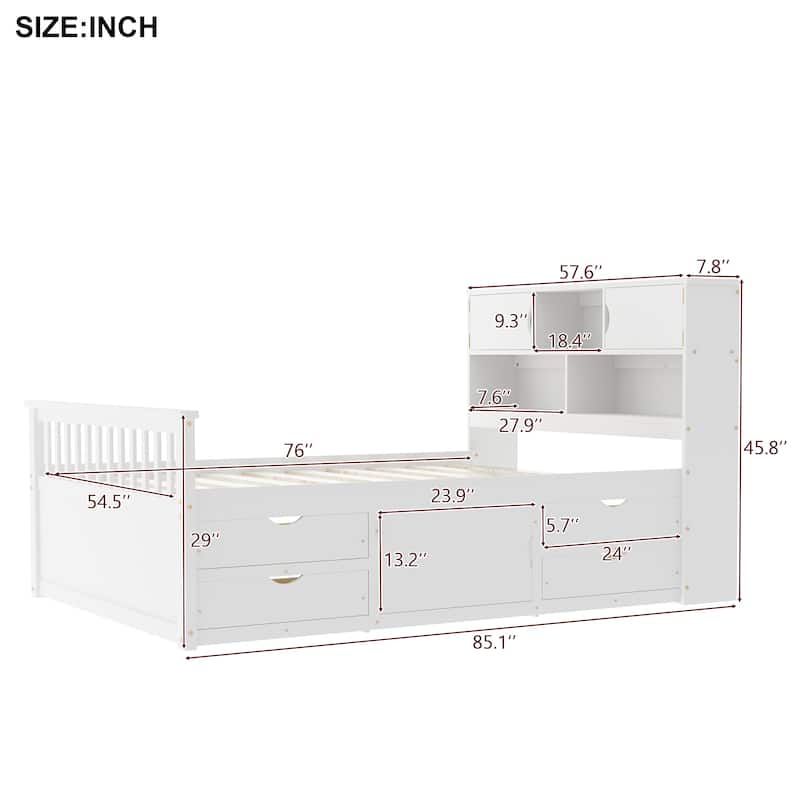 Captain Platform Bed Frame with Built-In Storage Bookcase, Shelves & Drawers