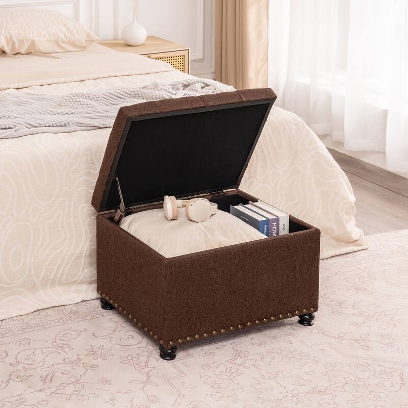 Adeco Norsup Grey Blended Linen Storage Ottoman Footstool