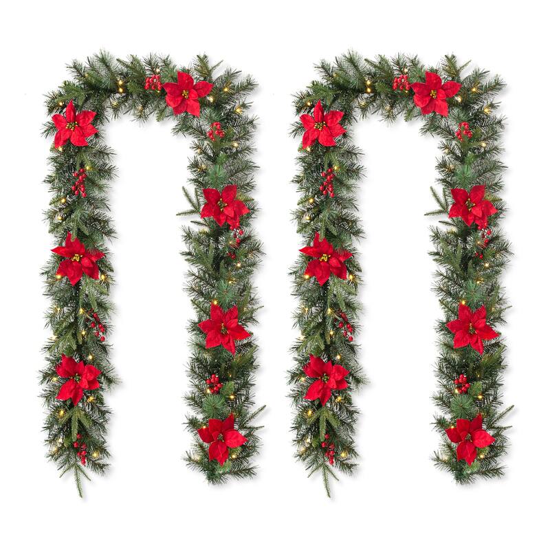Glitzhome 9ft Pre-Lit Greenery Pine Berries Christmas Garland with Timer - 2 Pack