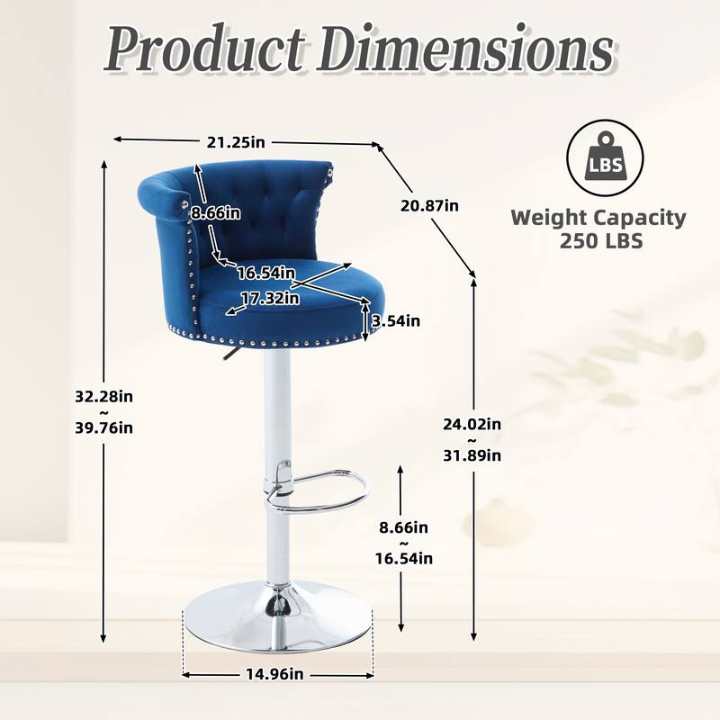 360° Swivel Bar Stools Set of 2 Adjustable Velvet Accent Chairs with Footrest Base, Button Tufted and Barrel Curved Backrest