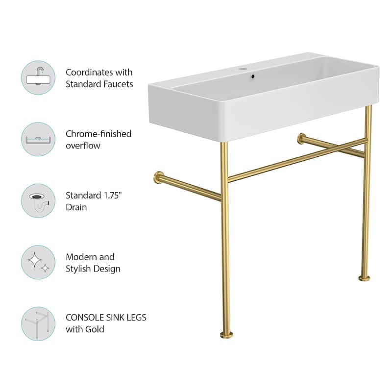 Ceramic Console Sink with Polished Nickel Support, 32-Inch Bathroom Sink with Overflow