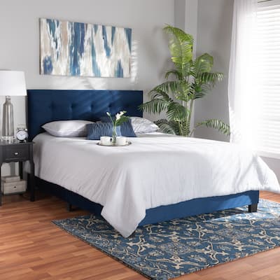Queen Size Velvet Upholstered Bed - Navy Blue Panel Bed, Button Tufted Headboard, Sturdy Bedroom Bed Frame