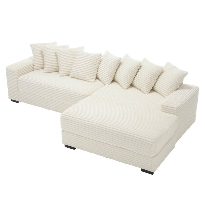 111" Corduroy L-Shape Sectional Sofa with Right Chaise, 8 Throw Pillows and Square Armrests