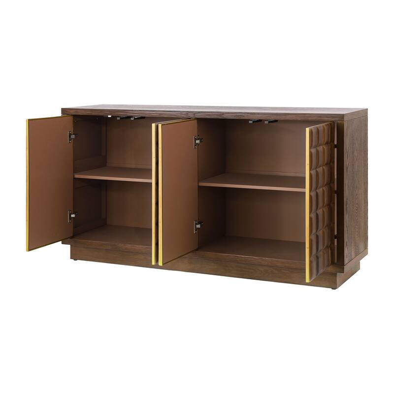 4-Door Wooden Storage Cabinet, Buffet Cabient with 3D Geometric Doors & Metal Trim, , Coffee Bar Table with Adjustable Shelf