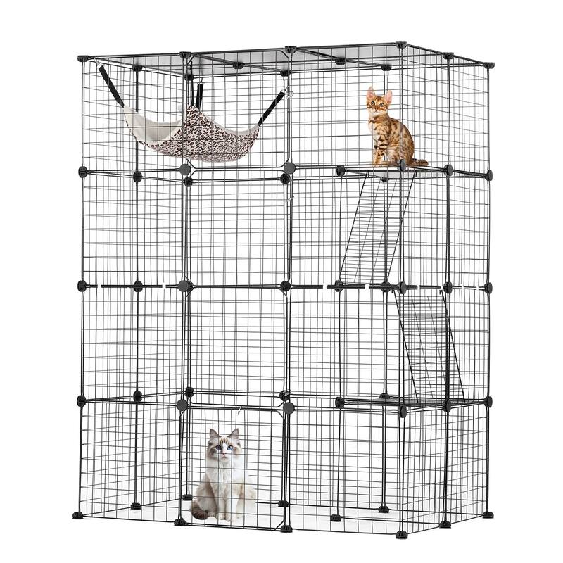 Black 2-Tier Cat Cage with 3 Doors Steel Wire Ramp, Spacious & Sturdy