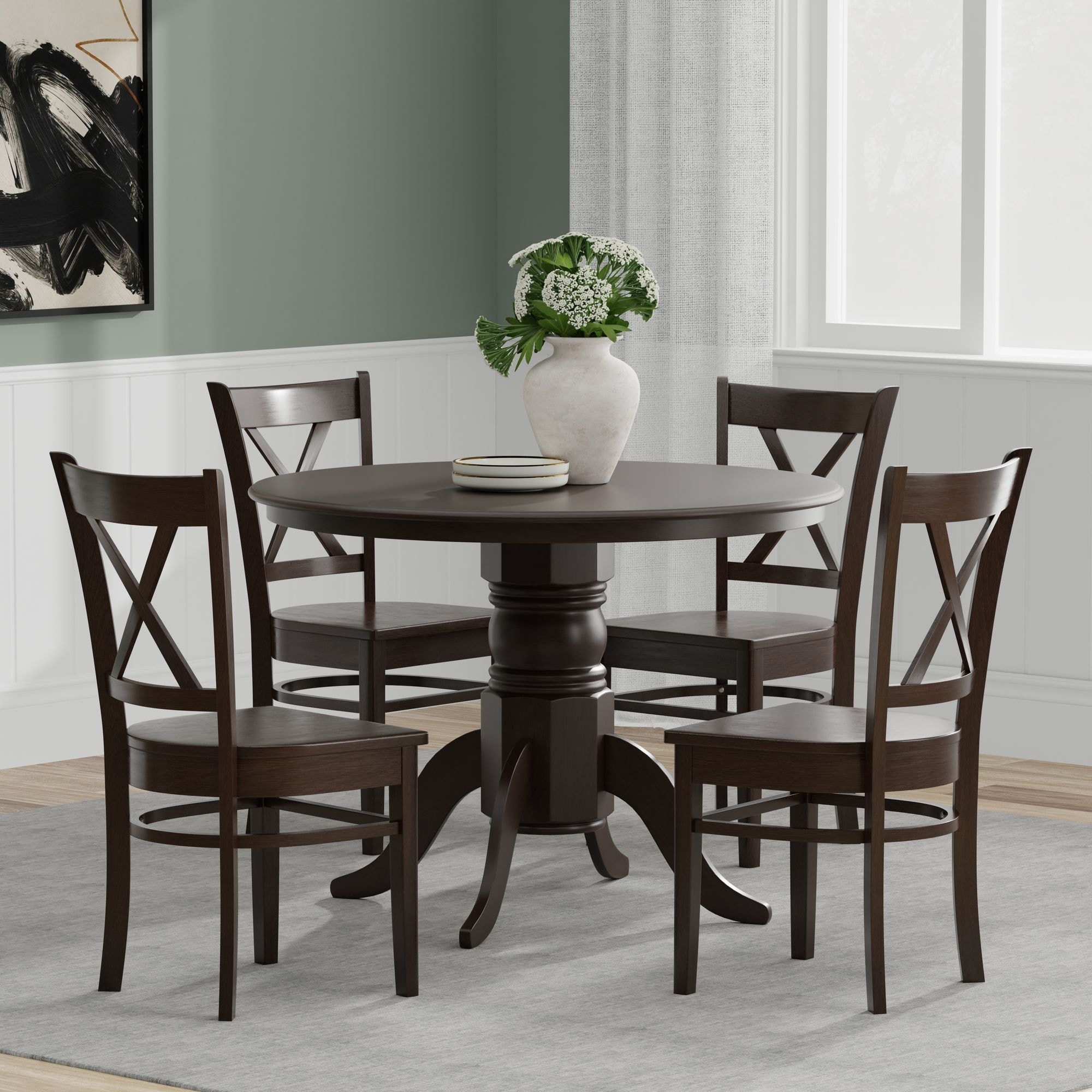 5-Piece Dining Set, 42" Round Pedestal Table and Cross Back Chairs