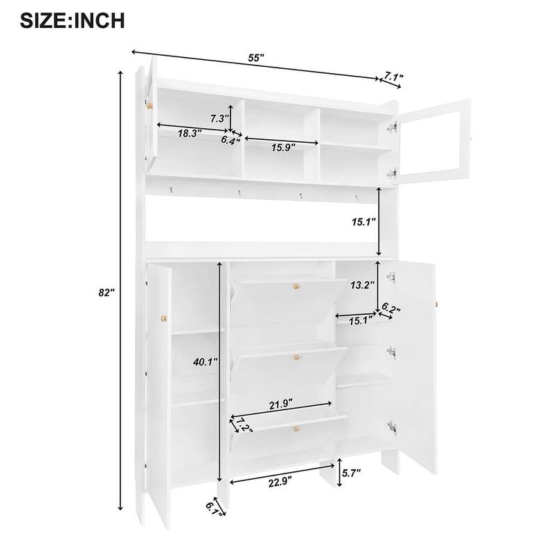 Hall Tree and Shoe Storage Bench with Flip Drawers and Doors