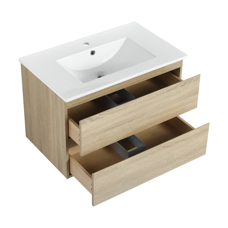 30" Wall-Mounted Bathroom Vanity w/Ceramic Sink,2-Soft Close Drawers