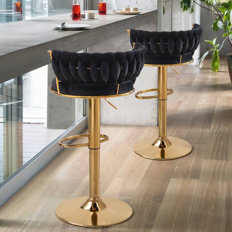 Javlergo Bar Stools Set of 2, Velvet Swivel Bar Stools, Adjustable Height Barstool with Woven Back & Footrest - Black