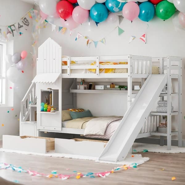 slide 2 of 9, Twin over Twin Bunk Bed With 2 Drawers,3 Shelves and Slide,Sturdy Frame