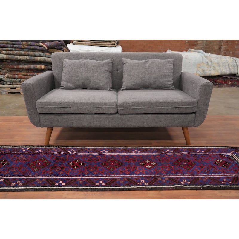 Hand Knotted Oriental 100% Wool Carpet Traditional Tribal Navy Blue & Blues Balouch Runner Rug - 8' 10'' X 2' 1''