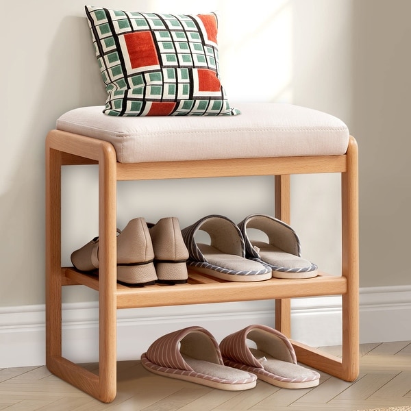 Solid Wood Shoe Bench with Sponge Cushion Shoe Rack for Entryway 23 inch Adult Unisex Brown