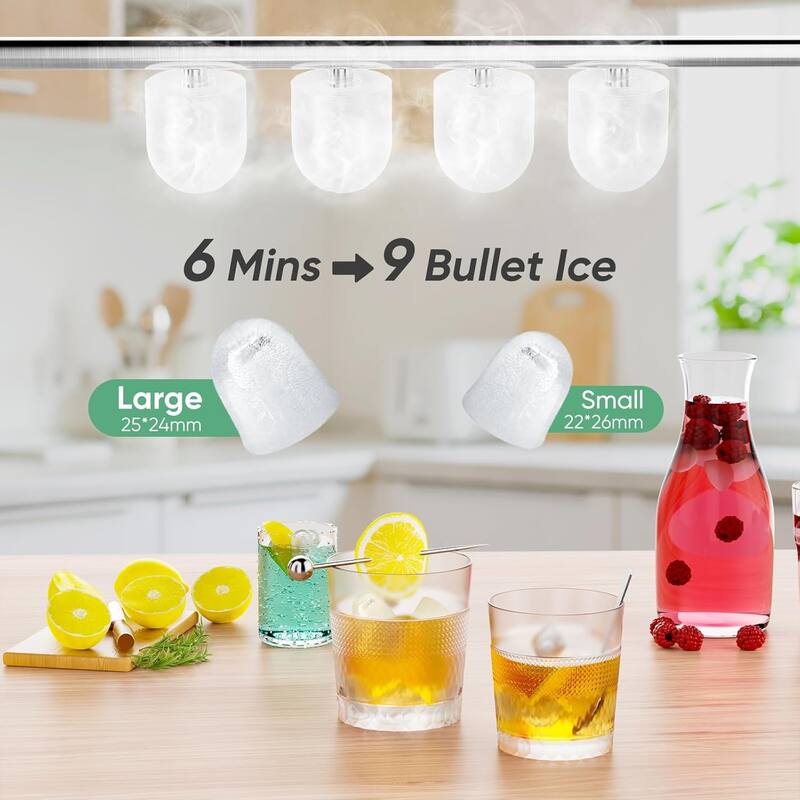 Countertop Ice Maker Machine Self-Cleaning Fast Making 9 Ice Cubes in 6 Minutes 2 Sizes Bullet Ice Portable Ice Machine