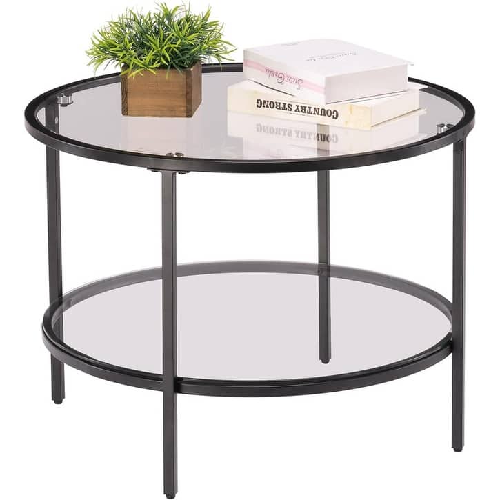 VINGLI Double-Layer Round Glass Matt Black Powder-Coated Iron Frame Coffee Table