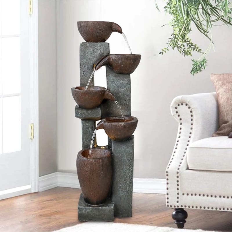 5-Tier Outdoor Water Garden Fountains with LED Lighting for Patio