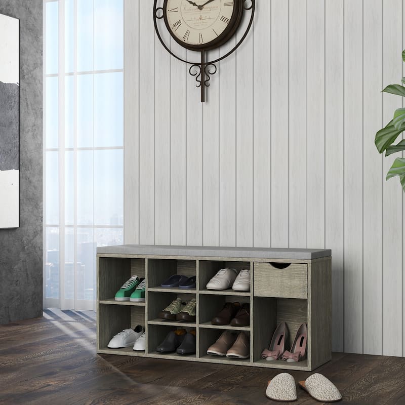Shoe Bench, Entryway Bench with Padded Cushion, Drawer and Open Compartments, Bench with Storage, 3 Tier Shoe Rack Bench