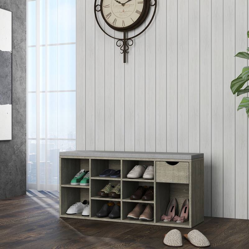 Storage Bench,Shoe Bench,Entryway Bench with Padded Cushion,Drawer and Open Compartments,Bench,3 Tier Shoe Rack Bench
