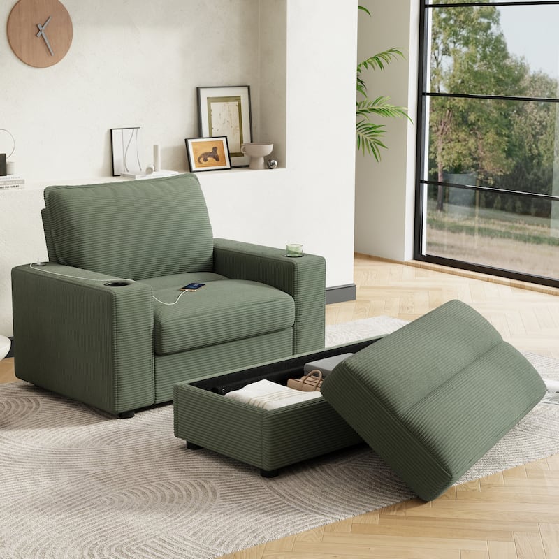 Roomfitters Oversized Chaise Lounge Chair with Storage Ottoman and Built-in USB Charging Port, Corduroy Sleeper Couch - Green