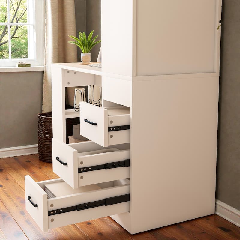 Computer Desk with Charging Station and Drawers, Office Desk with 4 Tier Storage Shelves for Home Office Study