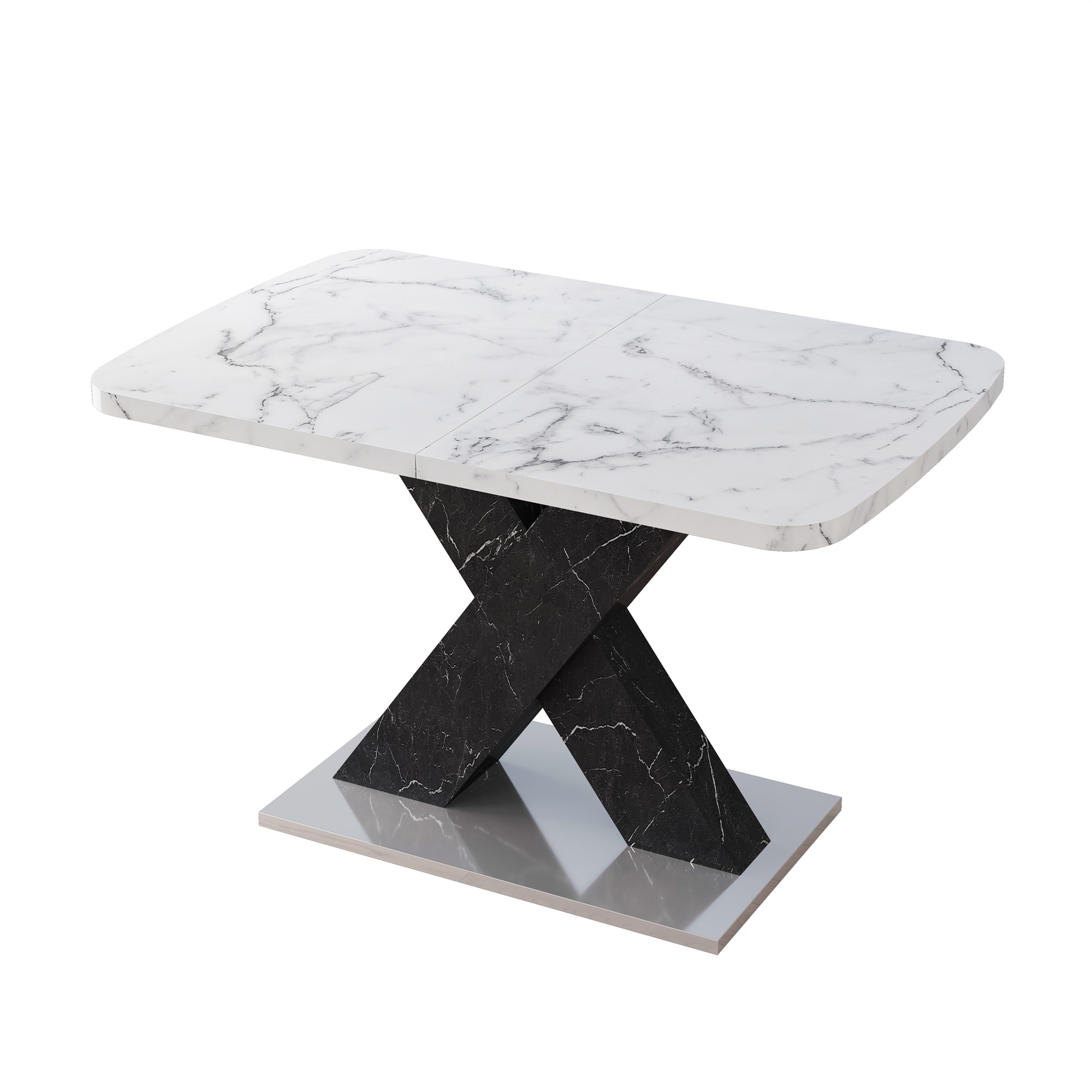 Modern Square Expandable Dining Table with X-Shape MDF and Metal Base