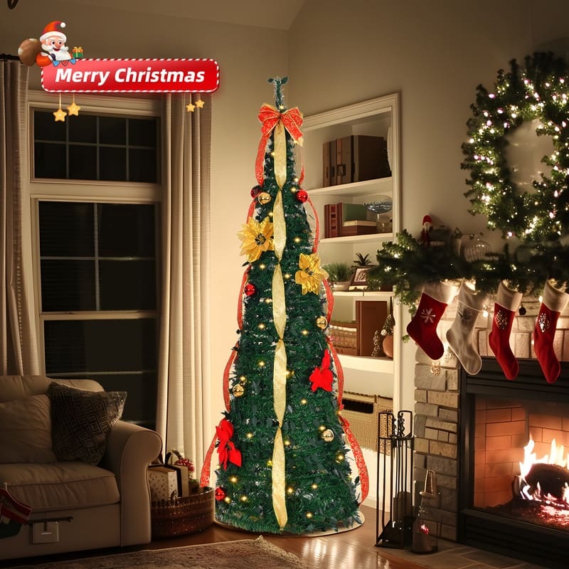 Fully Decorated Pre-lit Christmas Tree with 80 Warm Lights Battery Operated and Red & Golden Ornaments for Holiday Deco
