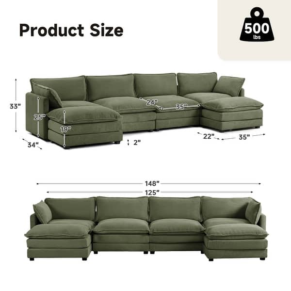 dimension image slide 3 of 17, Corduroy Sectional Sofa with Removable Ottomans & Ultra-soft Cushions for Living Room & Bedroom