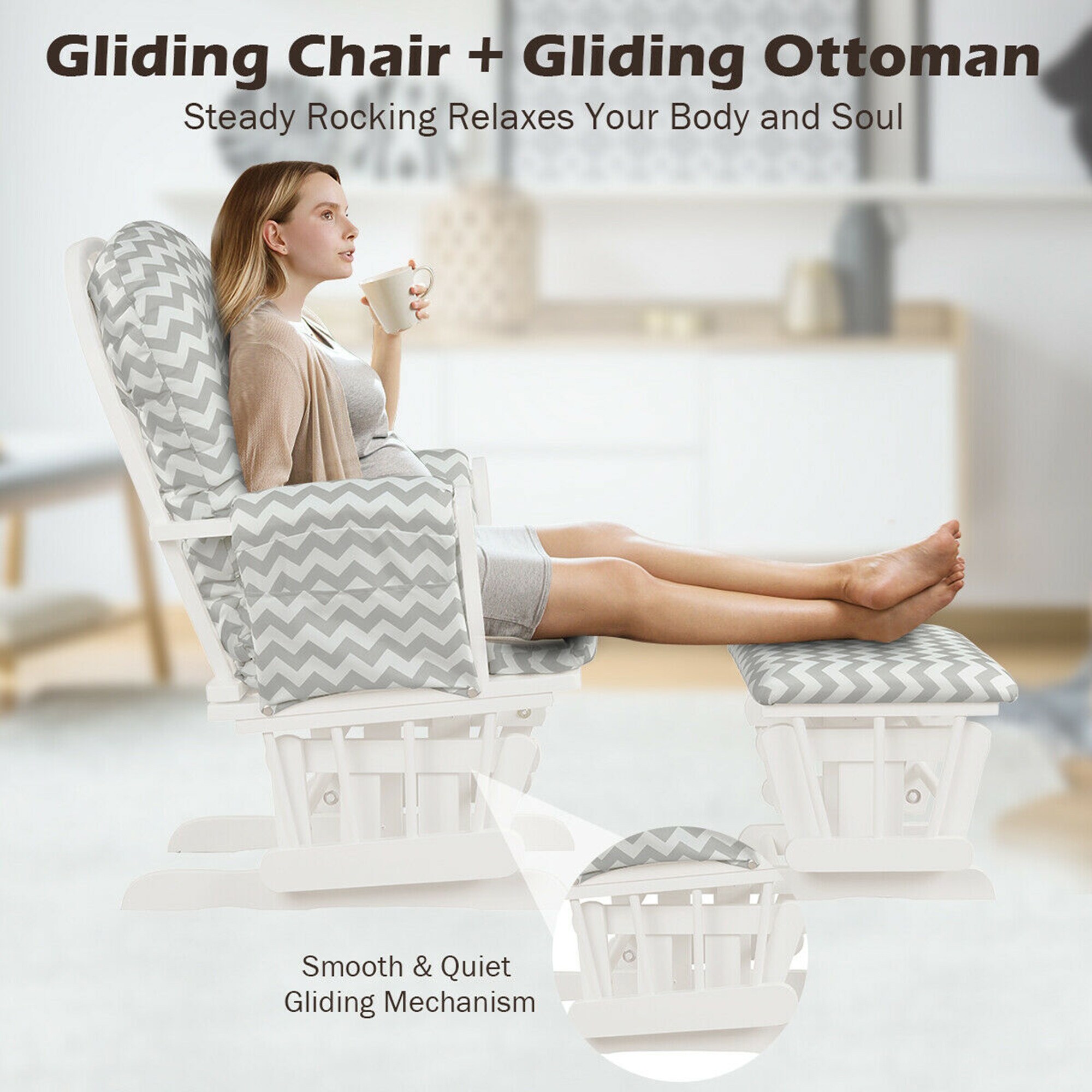Gymax Glider and Ottoman Cushion Set Wood Baby Nursery Rocking