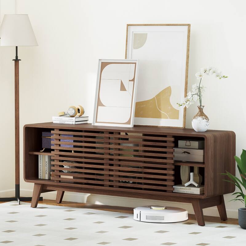 Gymax TV Stand w/Sliding Doors Adjustable Shelves & Rubber Wood Legs