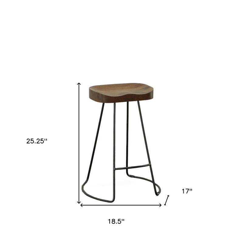 25” Set of 2 Backless Mango Wood Seat Bar Stool with Steel Frame and Footrest for Kitchen Island - 25.25”H x 18.5”W x 17”D