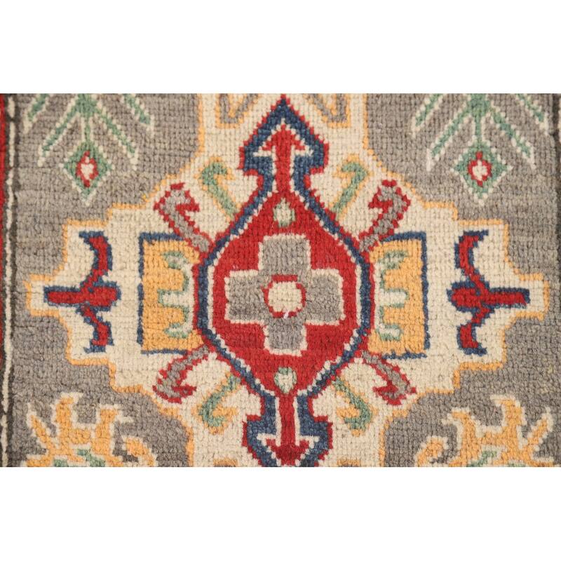 Geometric Kazak Accent Rug Hand-Knotted Grey Wool Carpet - 2'6" x 4'3"