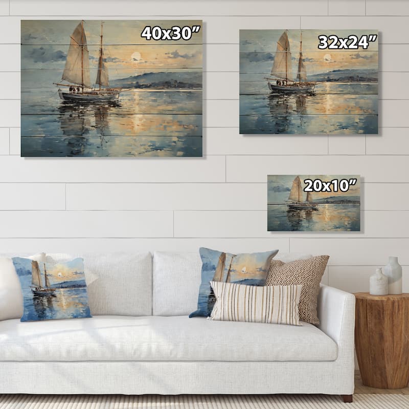 Designart "Boat Sailing Reflections I" Nautical & Beach Print on Natural Pine Wood