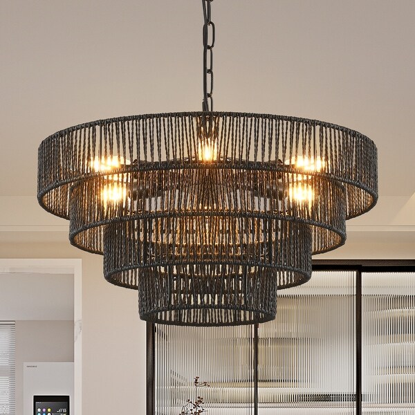 Rustic Black Hemp Rope Chandelier 6 E12 Sockets Handmade Tiered Boho Ceiling Light Fixture Bed Bath Beyond 42380874
