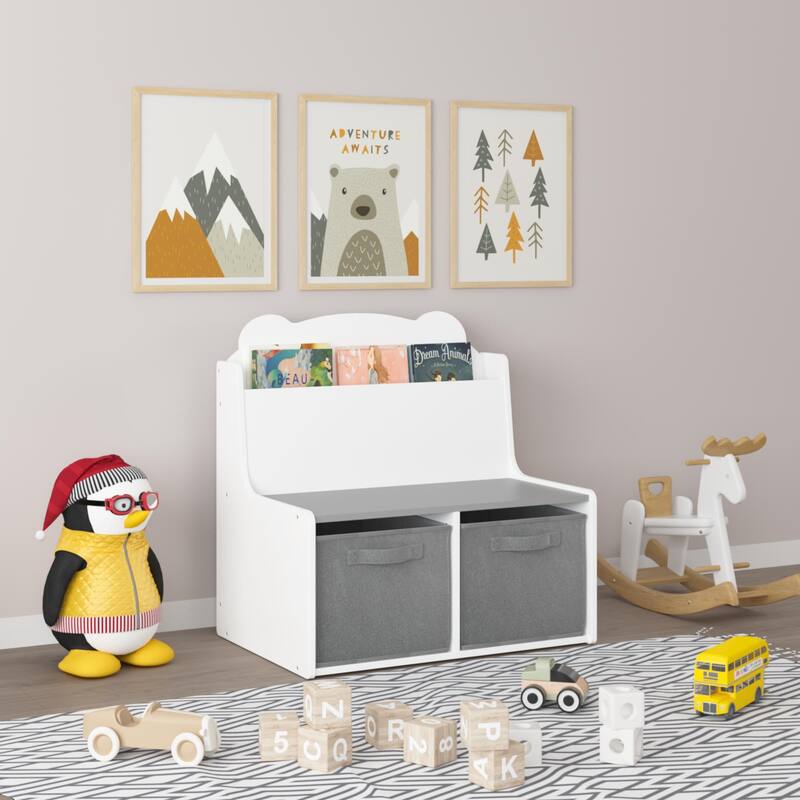 Kids Bookshelf with 2 Fabric Storage Bins-Wooden Bookcase with Book Display Shelf,Cute Bear-Shaped Backboard,Toy Organizer