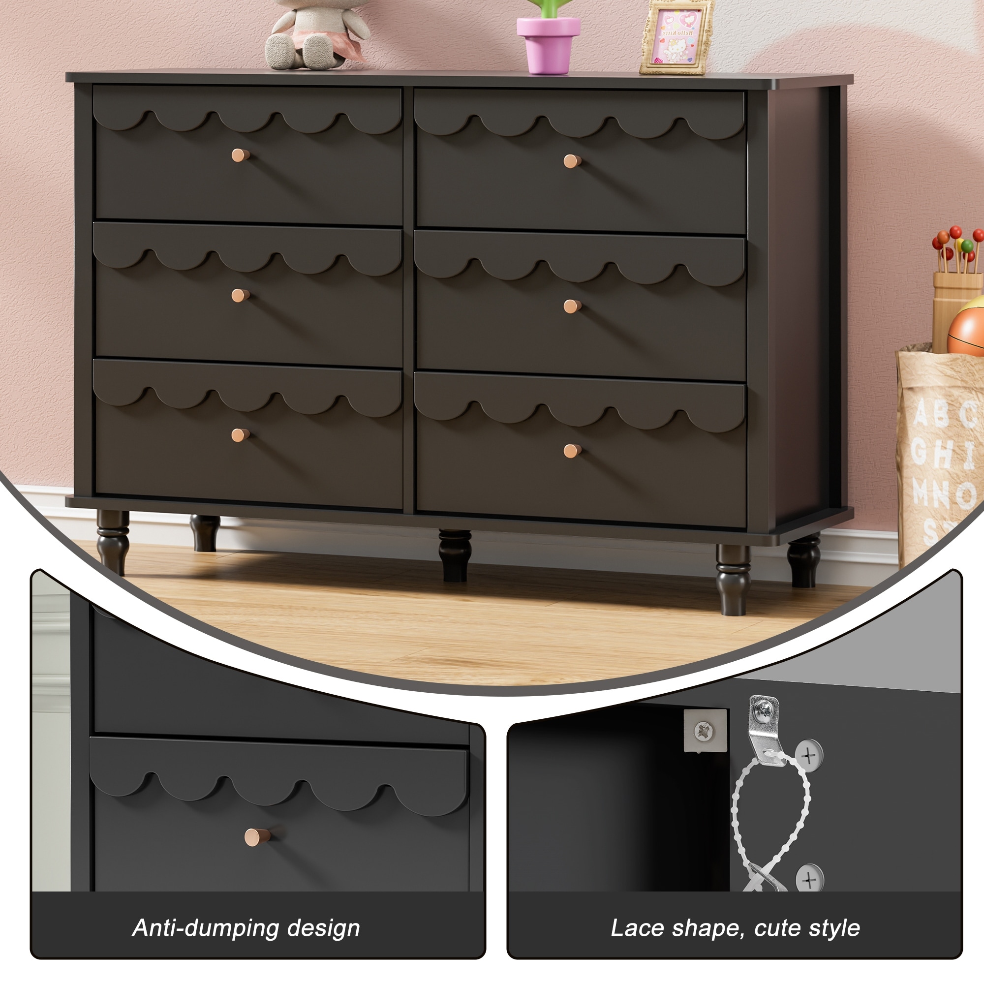 Lace Trim 6-Drawer Dresser with Nightstand Kids' Bedroom Dream