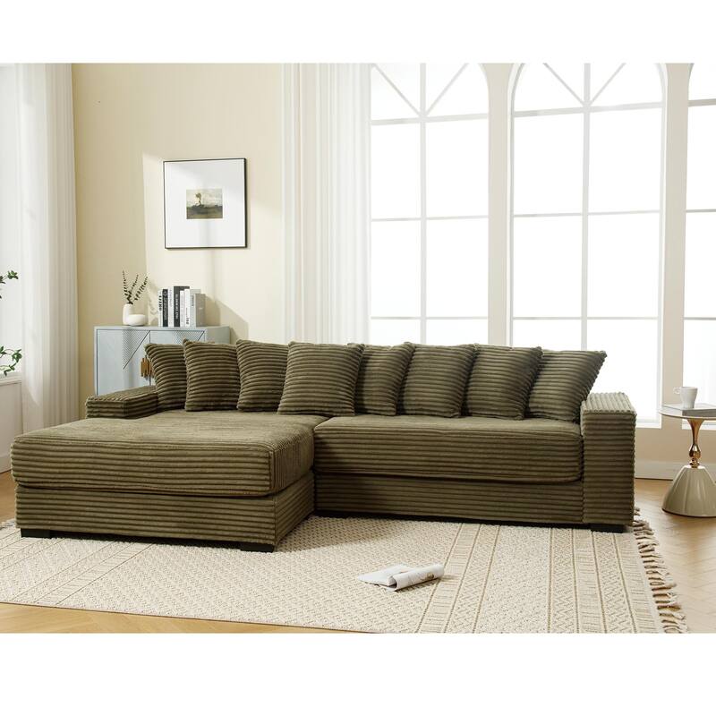 Modern 111" Sectional Couch, Oversized Corner Sofa with Chaise, 8 Throw Pillows, L Shaped Corduroy Sofa for Living Room