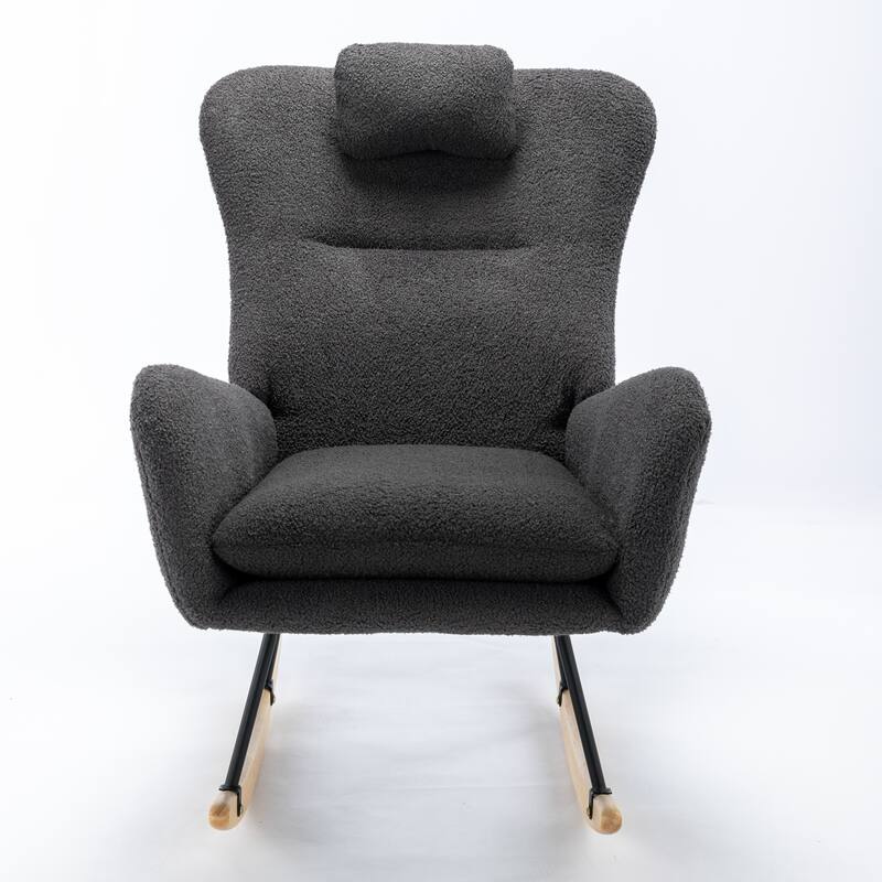 Teddy Fabric Wingback Rocking Chair for Nursery with Safe Solid Wood Base
